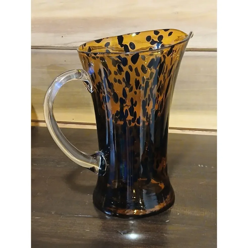 Vintage Blown Glass Leopard Print Pitcher Amber Brown Clear Handle - Small Chips